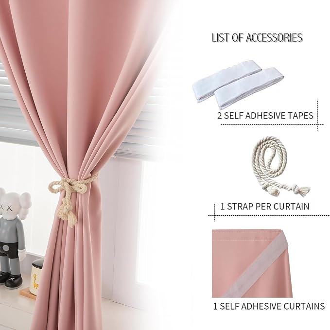 Self Adhesive Curtains, Stick Curtain Blackout Shades Window Cover Curtains for Living Room No Drilling, 47" W X 84" L, Pink, 1 Panel - Image 2