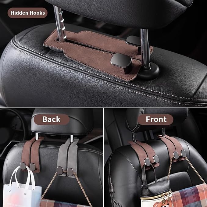 KINIVA Car Seat Headrest Storage Hooks, Set of 2, Suede PU Leather, Double Hooks (Brown) - Image 2
