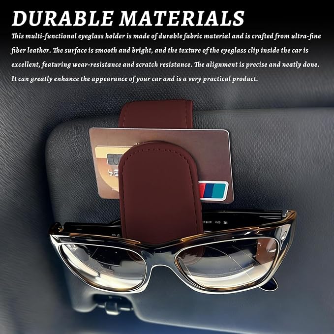 Sunglass Holder for Car, Car Sunglass Holder, Magnetic Leather Sunglasses Holder and Ticket Card Clip, Auto Multi-Functional Sun Visor Eyeglass Holders for SUV Pickup Truck (Wine Red) - Image 4