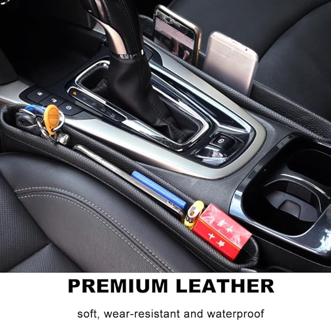 Tumecos Car Seat Pockets PU Leather Car Console Side Organizer Seat Catcher Holders Compatible with Phone Key Wallet Phone Sunglasses 2 Pack (Beige) - Image 6