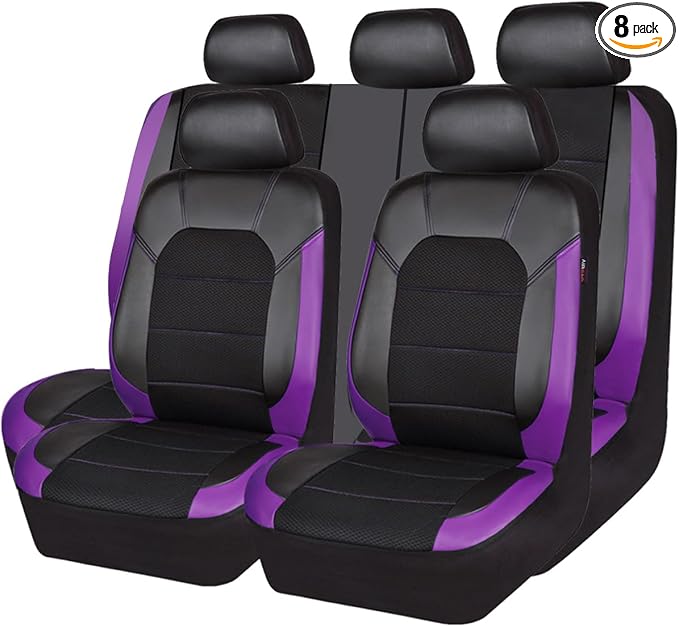 CAR PASS Leather Seat Covers, Breathable Universal Car Seat Cover Full Set for Cute Women Girly,Super 5mm Composite Sponge Inside,Airbag Compatible fits Most Auto,SUVs,Trucks,Vans(Black&Purple) by CARPASS