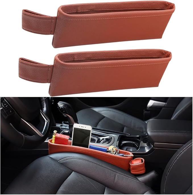 2PCS Car Seat Gap Filler Organizer, Leather Seat Gap Catcher Holder Pocket for Phones Keys Glasses, Auto Center Console Side Crevice Stopper Storage Box, Universal for Vehicles (Brown) by Unknown