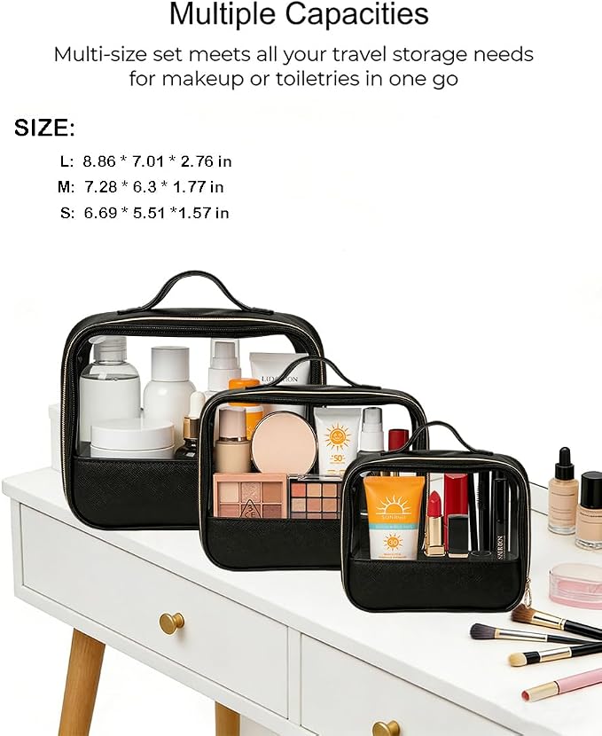 Clear Makeup Bags with Zipper, 3 Pack Clear Cosmetic Bag Set Makeup Organizer TSA Approved Travel Toiletry Bag for Carry-on & Checked Luggage Water Resistant Car Storage Organizer Women - Image 2
