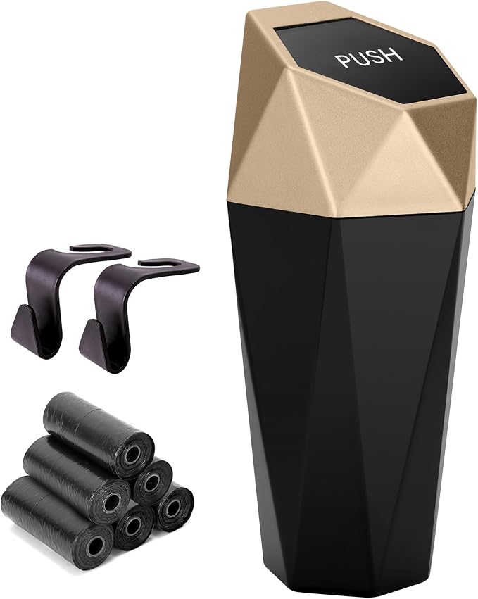 Ginsco Car Trash Can Cup Holder, 2 Pack Mini Car Trash Can with Lid, Car Accessories for Interior, Leakproof Small Trash Cup for Car, Home with Additional 2 ABS Hooks and 90pcs Trash Bags Golden - Image 2