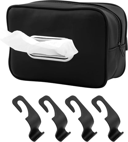 Car Tissue Holder, PU Leather Backseat Rectangle Napkin Organizer Tissue Box Cover Keep Car Tidy, Tissues Dispenser with 4 Hooks for Cars (COLOR:Black) by Unknown