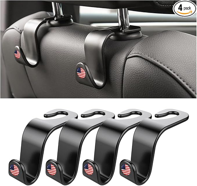 4 Pack Headrest Hooks for Vehicle Seats, Black/Red Flag | rear-row hanging storage, supports bags coats and groceries, fits matching headrest posts, interior accessory by Hanemia