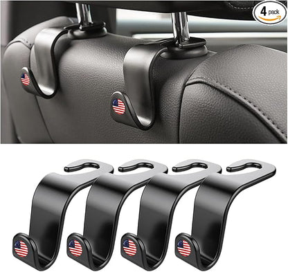 4 Pack Headrest Hooks for Vehicle Seats, Black/Red Flag | rear-row hanging storage, supports bags coats and groceries, fits matching headrest posts, interior accessory by Hanemia