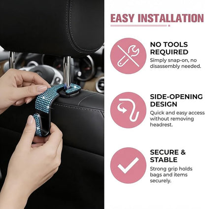 4PCS Bling Car Seat Headrest Hook, Crystal Rhinestone Backseat Hanger Organizer for Purse Handbag Umbrella, Shiny Auto Interior Seat Back Storage Holder Hook, Universal Fit (Blue) - Image 3