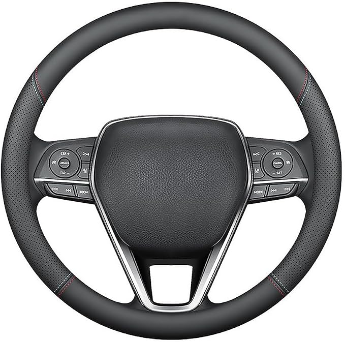 LKWLIKEI Nappa Premium Leather car Steering Wheel Cover, Non-Slip, Breathable, Universal 15 inches (red Blue line) - Image 3