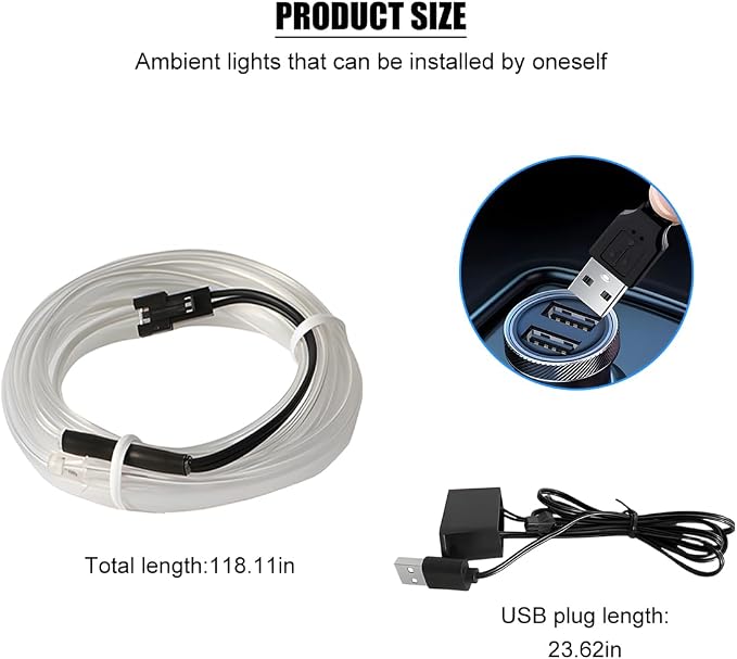 EL Wire Car LED Strip Lights, 10FT 5V USB Vehicle Ambient Lighting Kit with Fuse Protection, Automotive Interior Neon Decoration Lamp with 5mm Sewing Edge, Universal Fit (Ice Blue) - Image 2