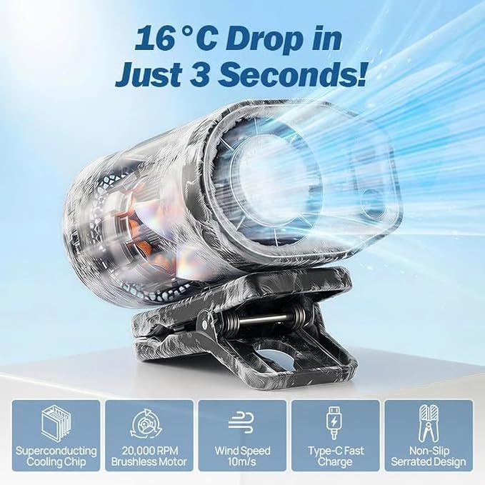 Gaukomzs 2026 Car Clip on Air Conditioner Fan with LED Display, 360° Rotation, 199 Speeds, USB Rechargeable, for Cars, Work, Camping (Dark gray) - Image 6