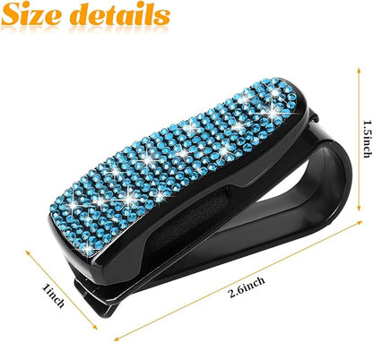 HZEL 2PCS Bling Sunglasses Holder for Car Visor, Crystal Rhinestone Sun Visor Eyeglasses and Ticket Card Mount Clip, Shiny Diamond Auto Glasses Hanger Holder, Universal for Vehicles (Lake Blue) - Image 2