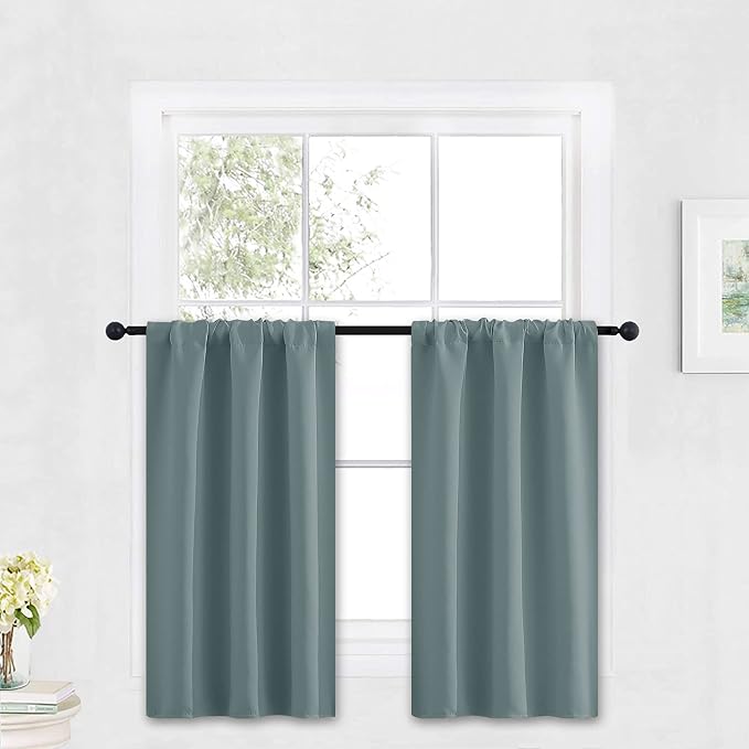 RYB HOME Kitchen Blackout Window Curtains Over Sink 36 inch Length | Summer Light UV Blocking, Energy Efficient, Cabinet Shelf Cupboard Blinds Window Coverings, W29 x L36, Dusty Blue, 2 Panels by RYBHOME