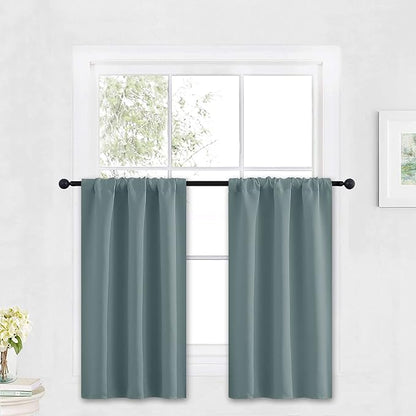 RYB HOME Kitchen Blackout Window Curtains Over Sink 36 inch Length | Summer Light UV Blocking, Energy Efficient, Cabinet Shelf Cupboard Blinds Window Coverings, W29 x L36, Dusty Blue, 2 Panels by RYBHOME
