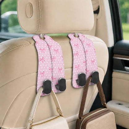 Cute Pink Bow Car Seat Back Storage Headrest Hooks for Purses & Bags – 2PCS PU Leather Dual Metal Hooks, Backseat Organizer Accessories - Image 5