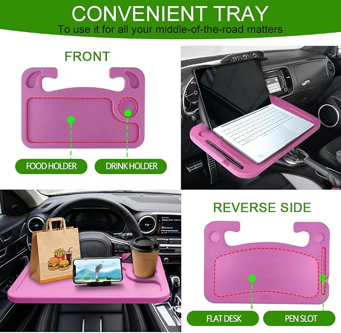 Car Steering Wheel Desk, Portable Car Tray, Durable Multi-Functional Travel Workstation with Cup Holder, Car Essentials Portable Laptop Tray & Eating Table for Most Vehicles Road Trip (Pink) - Image 4