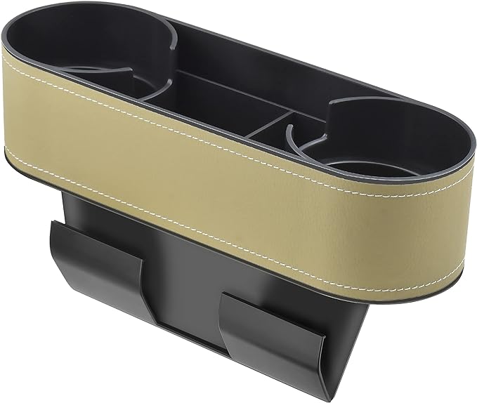 IOKONE Console Side Pocket, Cup Holder for Car, Easy Install, Slim Beige | PU Leather Cover, Dual Cup Holders, Car Seat Gap Filler Organizer, Side Pocket Storage, Universal Fit, Car Coin Holder by IOKONE