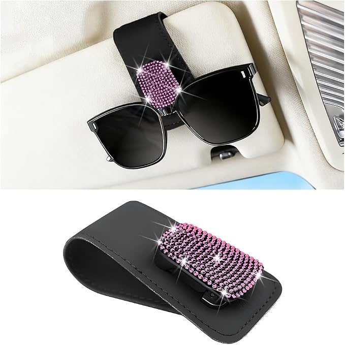 Bling Car Sun Visor Sunglasses Holder, Crystal Rhinestone Leather Visor Eyeglasses Ticket Card Mounter Clip, Shiny Diamond Auto Glasses Hanger Holder, Universal Fit (Black/Pink) by Unknown
