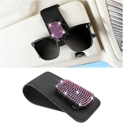 Bling Car Sun Visor Sunglasses Holder, Crystal Rhinestone Leather Visor Eyeglasses Ticket Card Mounter Clip, Shiny Diamond Auto Glasses Hanger Holder, Universal Fit (Black/Pink) by Unknown