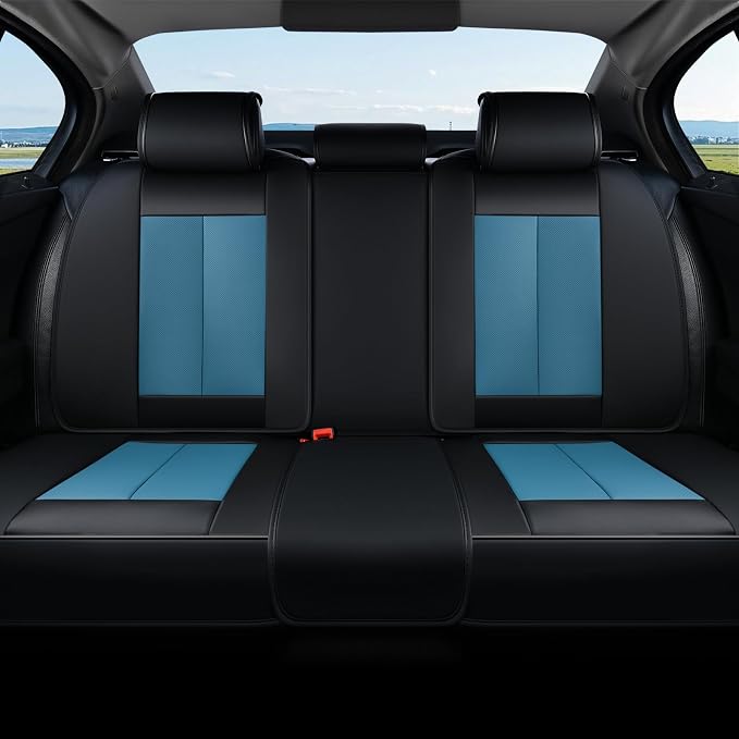Coverado Back Leather Car Seat Covers for Trucks, Rear Seat Covers for Cars, Automotive Seat Covers Back Car Seat Cover, 3-Pieces Waterproof Nappa Leather Car Seat Cushion Protector, Black&Blue by COVERADOAUTO