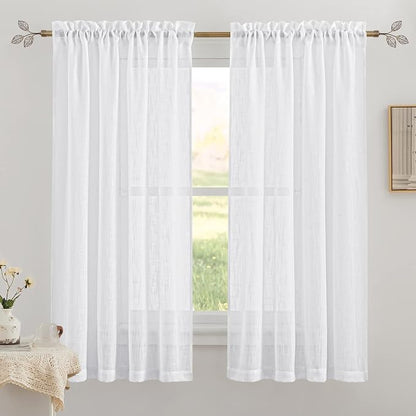 RYB HOME White Textured Semi Sheer Curtains 63 inches Long for Bedroom | Privacy, Light Filtering, Loose Weave, for Living Room Bathroom Window Decor, W34 x L63, 1 Pair by RYBHOME