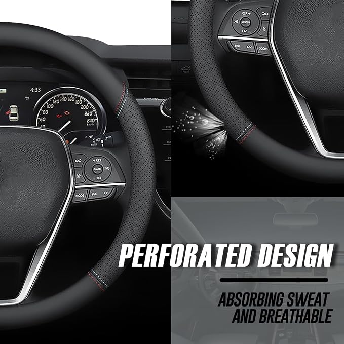 LKWLIKEI Nappa Premium Leather car Steering Wheel Cover, Non-Slip, Breathable, Universal 15 inches (red Blue line) - Image 2
