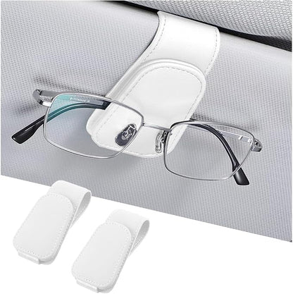 AICEL 2PCS Sunglasses Holders for Car Sun Visor, Magnetic Clip, White | Leather Eyeglasses Hanger Mounter, Magnetic Glasses Holder and Ticket Card Clip, Car Accessories, Universal Fit by AICEL