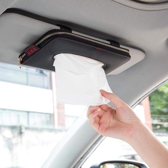 Car Tissue Holder, Sun Visor Tissue Holder, Car Visor Napkin Holder, PU Leather Backseat Tissue Case Holder for Auto Vehicle with Zipper (Black) by Cartisen