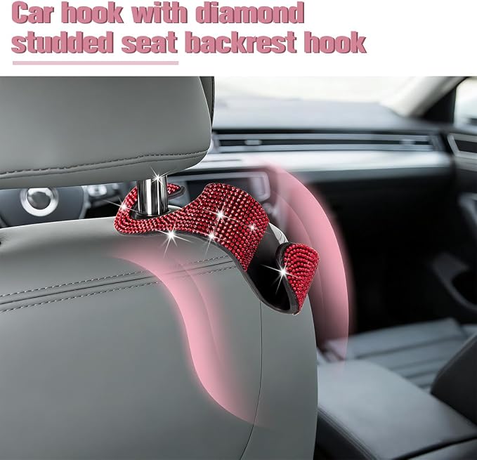 4PCS Bling Car Seat Headrest Hook, Crystal Rhinestone Backseat Hanger Organizer for Purse Handbag Umbrella, Shiny Auto Interior Seat Back Storage Holder Hook, Universal Fit (Red) - Image 5