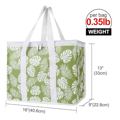 Bodaon 2-Pack Insulated Reusable Grocery Shopping Bags, X-Large Picnic Cooler Bag with Zipper Zippered Top Cold, Green-Leaf | Secure Zippered Top Warmer, Heavy Duty Insulated Food Delivery Bag, For Commercial Catering Rideshare Driver/Picnic, Foldable - Image 2