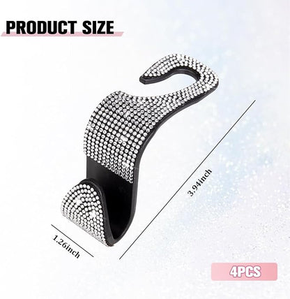 4PCS Bling Car Seat Headrest Hook, Crystal Rhinestone Backseat Hanger Organizer for Purse Handbag Umbrella, Shiny Auto Interior Seat Back Storage Holder Hook, Universal Fit (White) - Image 2