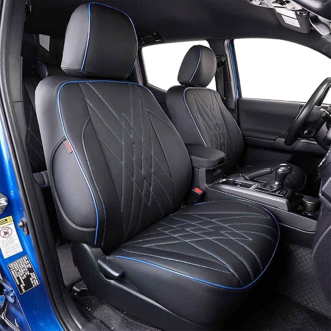 EKR Tacoma Leather Car Seat Covers Custom Fit for Toyota Tacoma 2012 2013 2014 2015 (Regular Seats) - Truck Seat Covers Full Set,Faux Leather(Black with Blue Trim) by EKR