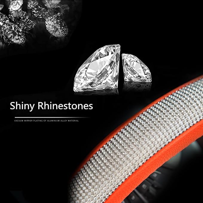 New Diamond Leather Steering Wheel Cover with Bling Crystal Rhinestones | Universal Fit 15 Inch Car Wheel Protector for Women Girls Orange - Image 6