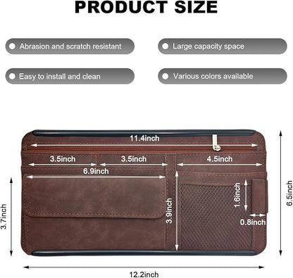 Car Sun Visor Organizer, Leather Sun Visor Pocket Organizer Case with Multi-Pocket Net Zipper, Suede Note Holder Car Visor Storage Pouch for Card Pen Sunglasses Document (Brown) - Image 2