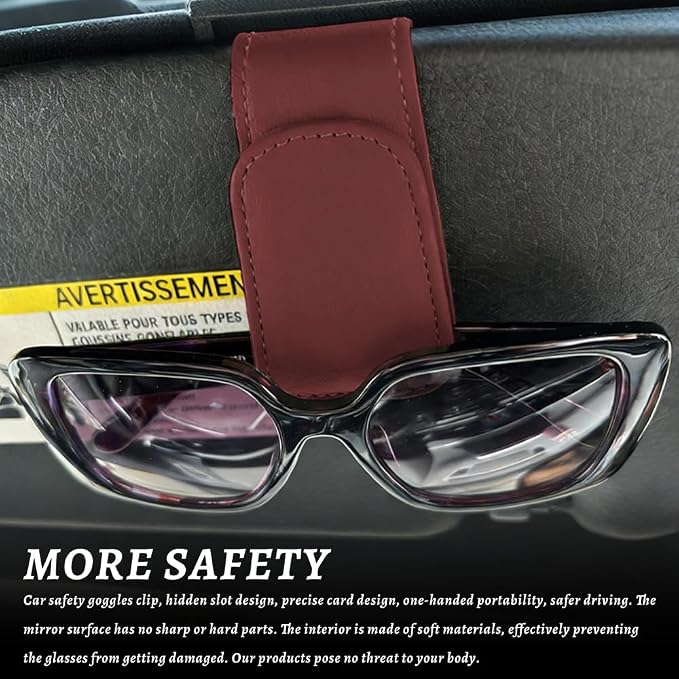 Sunglass Holder for Car, Car Sunglass Holder, Magnetic Leather Sunglasses Holder and Ticket Card Clip, Auto Multi-Functional Sun Visor Eyeglass Holders for SUV Pickup Truck (Wine Red) - Image 3