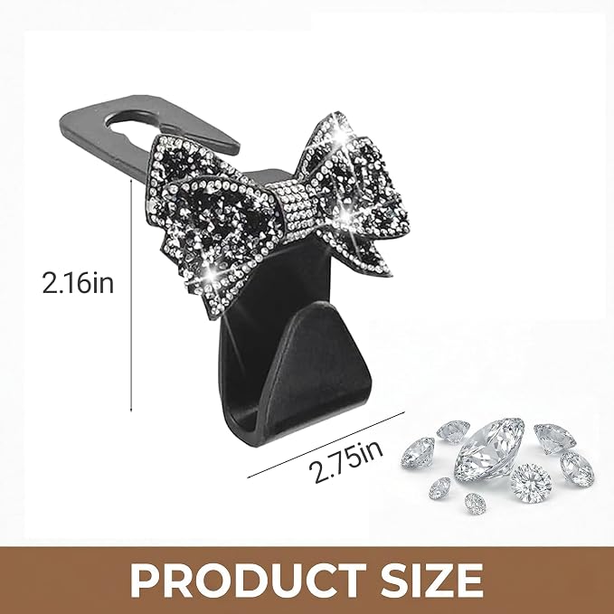 2 PCS Bling Car Seat Headrest Hooks, S-Type Crystal Rhinestone Bow, Universal Seat Back Storage for Purses Bags Groceries, Black Decorative Vehicle Organizer - Image 2