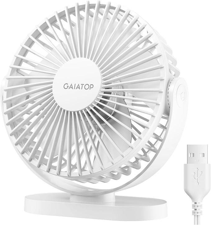 Gaiatop USB Desk Fan, 5.5 Inch Quiet 3 Speeds Small Portable Fan White | USB Powered, 5ft Cable, Mini Personal Desktop Table Fans, Powerful Cooling for Home, Office, Travel, Car, Indoor, Outdoor by GAIATOP