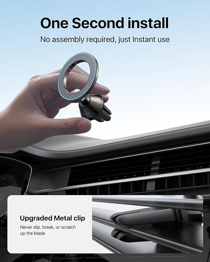 andobil for MagSafe Car Mount Vent, 20xN55 Strongest Magnet ＆ All Metal | Upgraded Metal Clip, Compact Magnetic Phone Holder, 1s Install, 360 Rotatable, Fits 99% Vent, for iPhone 17 - 12 Pro Max Mini - Image 4