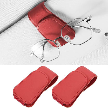 2 Packs Sunglass Holder for Car Sun Visor, Magnetic Eyeglass Hanger Clip for Car Visor, Leather Car Glasses Mount, Car Interior Visor Accessories (Red-2Pcs) by SAMGCHI