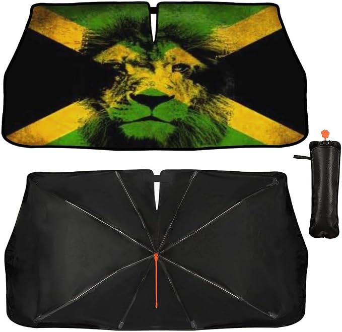 Jamaican Flag Lion Car Windshield Sun Shade Umbrella Automotive Windshield Sunshade Foldable Front Car Accessories Interior Decor to Keep Vehicle Cool for Most Vehicles 57'' X 30'' - Image 5