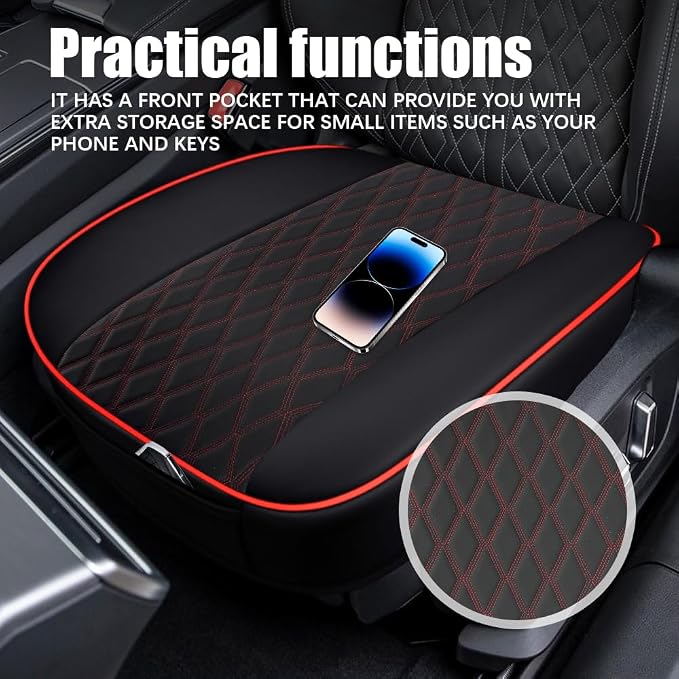 Leather Front Car Seat Cover, Anti-Slip Car Seat Bottom Covers, Full Wrapped Bottom Seat Protectors with Storage Pocket, Universal Comfortable Seat Cushion Fit Vehicles SUVs Trucks (Black Red) - Image 3