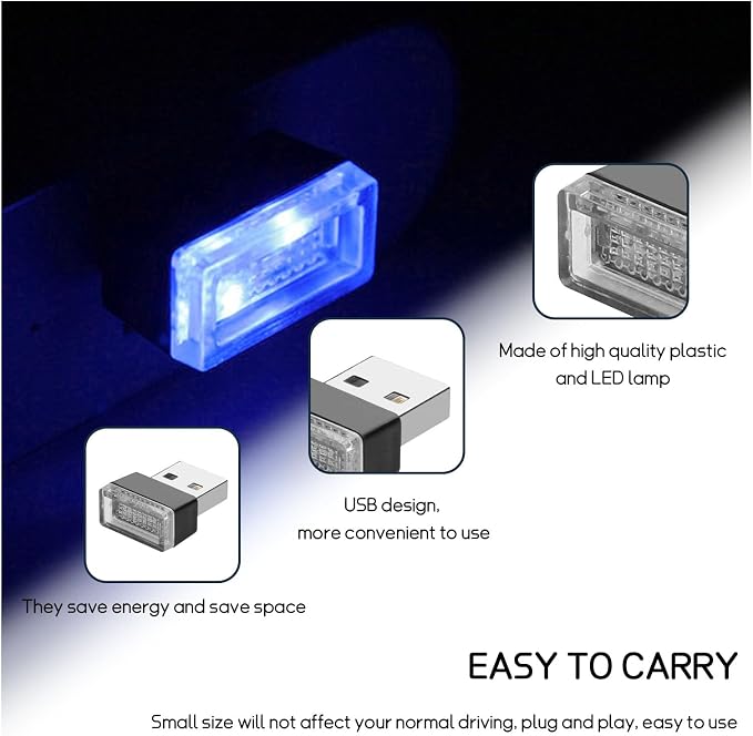 Dickno 4 PCS USB LED Car Interior Atmosphere Lamp, Portable Mini LED Night Light, Plug-in USB Interface Trunk Ambient Lighting Kit, Vehicle Interior Accessories (Pink+Blue+Red+Ice Blue) - Image 3