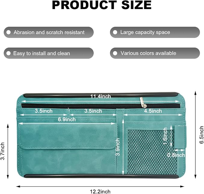 Car Sun Visor Organizer, Leather Sun Visor Pocket Organizer Case with Multi-Pocket Net Zipper, Suede Note Holder Car Visor Storage Pouch for Card Pen Sunglasses Document (Blue) - Image 2