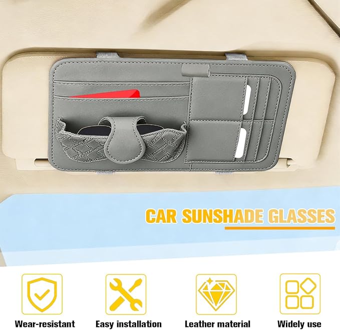 Car Sun Visor Organizer, Multifunctional Visor Storage Pouch with Sunglasses Holder & Card Sleeve Pocket, Auto Interior Organizer Pocket Bag for Pens Cards Documents, Universal Fit (Gray) - Image 5