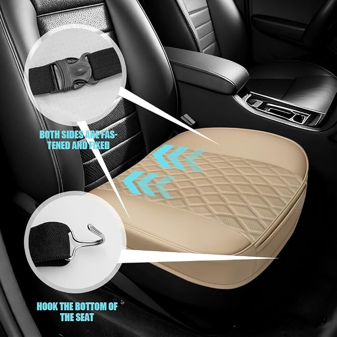 Leather Front Car Seat Cover, Anti-Slip Car Seat Bottom Covers, Full Wrapped Bottom Seat Protectors with Storage Pocket, Universal Comfortable Seat Cushion Fit Vehicles SUVs Trucks (Beige) - Image 5