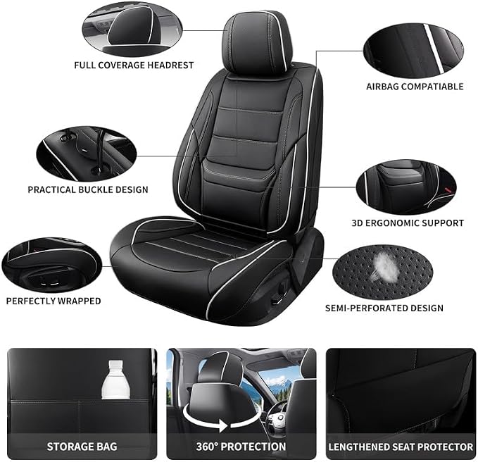 Car Seat Covers Full Set Custom Fit For Lexus GS350 2011-2020, Black&White | Lumbar Support, Premium Faux Leather, Breathable, Anti-Slip, Airbag Compatible, Waterproof, Car Seat Protectors, 2 Row-5Seat - Image 3