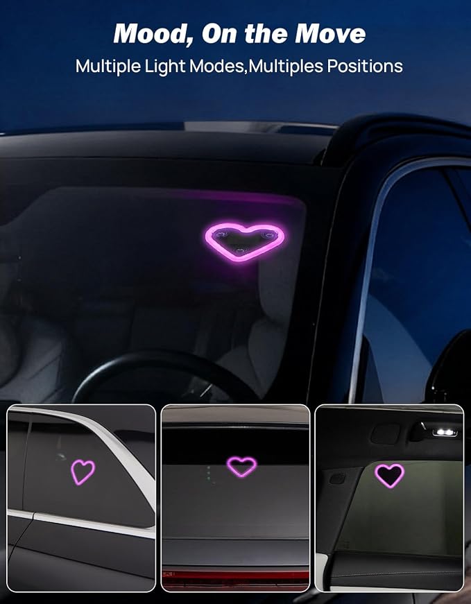 JOYTUTUS Car LED Ambient Light Solar Powered Heart Neon Light Car Led Lights Interior for Outdoor/Interior Car/Room Pink - Image 5