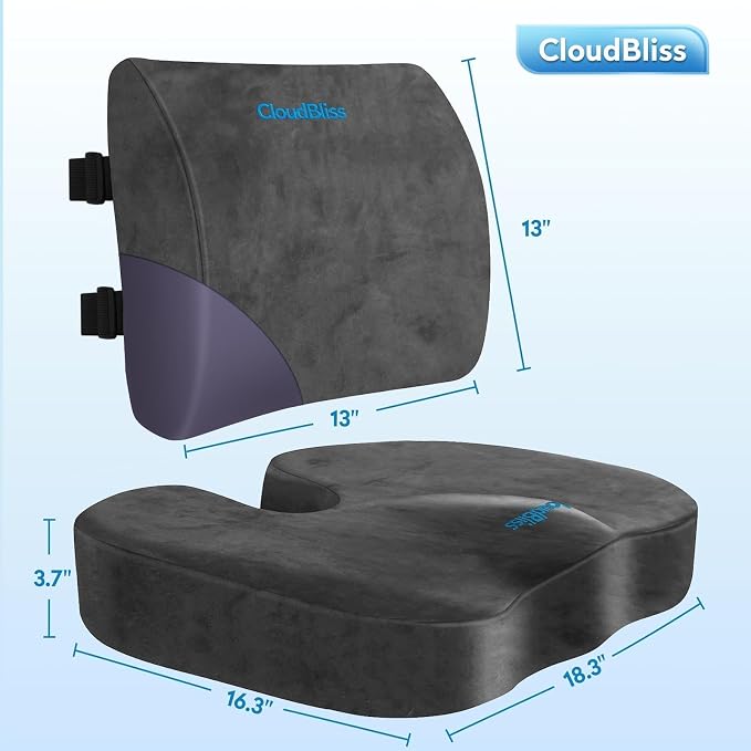 CloudBliss Ergonomic Seat Cushion & Lumbar Support Pillow Set, Grey, XL | Back Pain & Sciatica Relief, Memory Foam Support, Adjustable Straps, Machine Washable Velvet, Perfect for Office, Car, Gaming - Image 5
