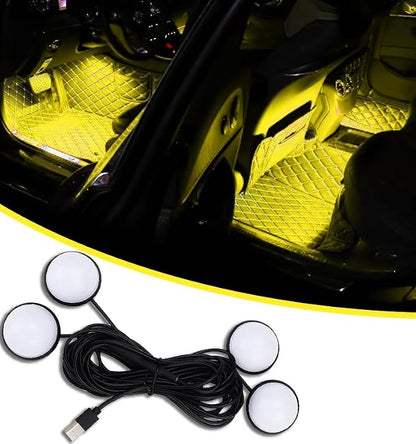 4 in 1 Car Interior LED Ambient Light Kit, Yellow | 5 Volt USB power, adhesive install, front and rear cables, fits most cars, SUVs, and trucks, car interior accessories by Unknown
