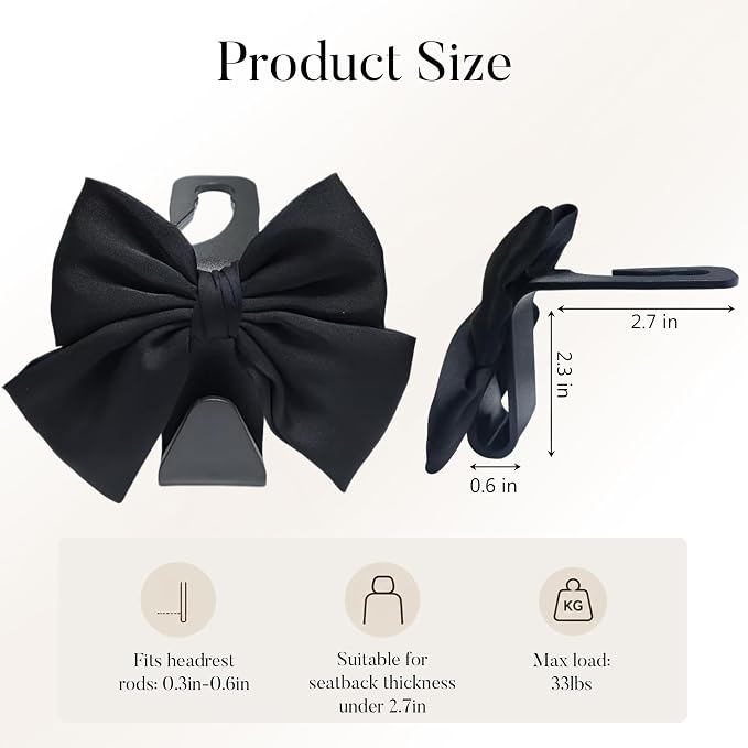 2-Pack Cute Bow Car Purse Hooks, Headrest Hangers, Black silk | Cute bow hooks keep purses and bags organized within reach while saving space; fits most car headrests - Image 5